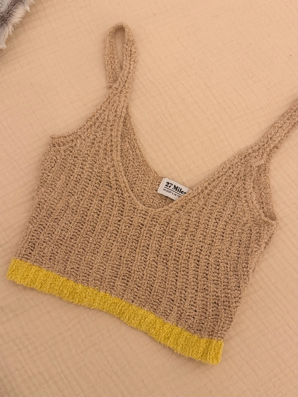 27 Miles Malibu Beige Knit Crop Top with Yellow Hem